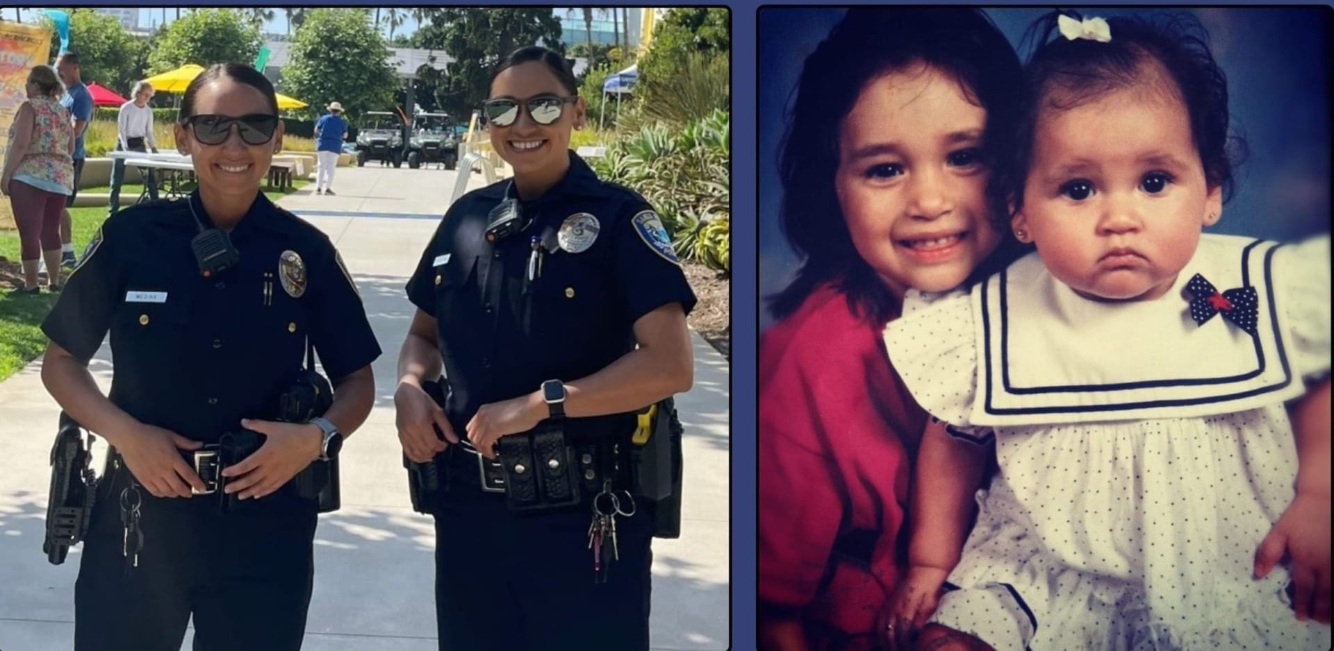 Two police officers smiling outdoors; a separate image of two children, one holding the other, dressed in white outfits.