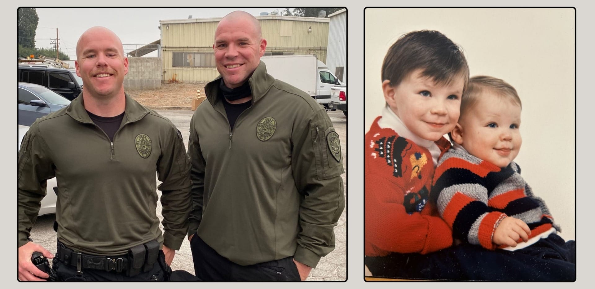 Two adults in uniforms pose outside; next to them, a vintage photo of two children sitting together indoors.