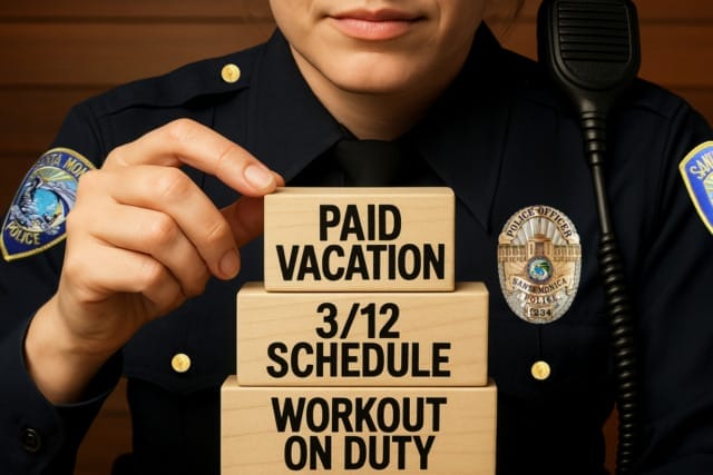 Police officer in uniform stacking wooden blocks labeled with benefits: paid vacation, 3/12 schedule, workout on duty.