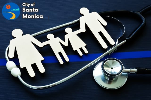 Family paper cutouts and stethoscope on dark background with City of Santa Monica logo in corner.