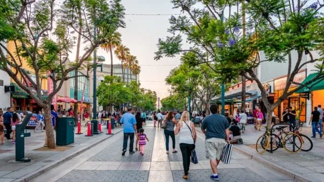 People shopping and walking on a busy outdoor pedestrian street lined with trees and shops.