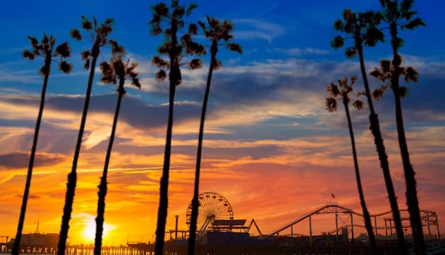 Santa Monica skyline against the sunset
